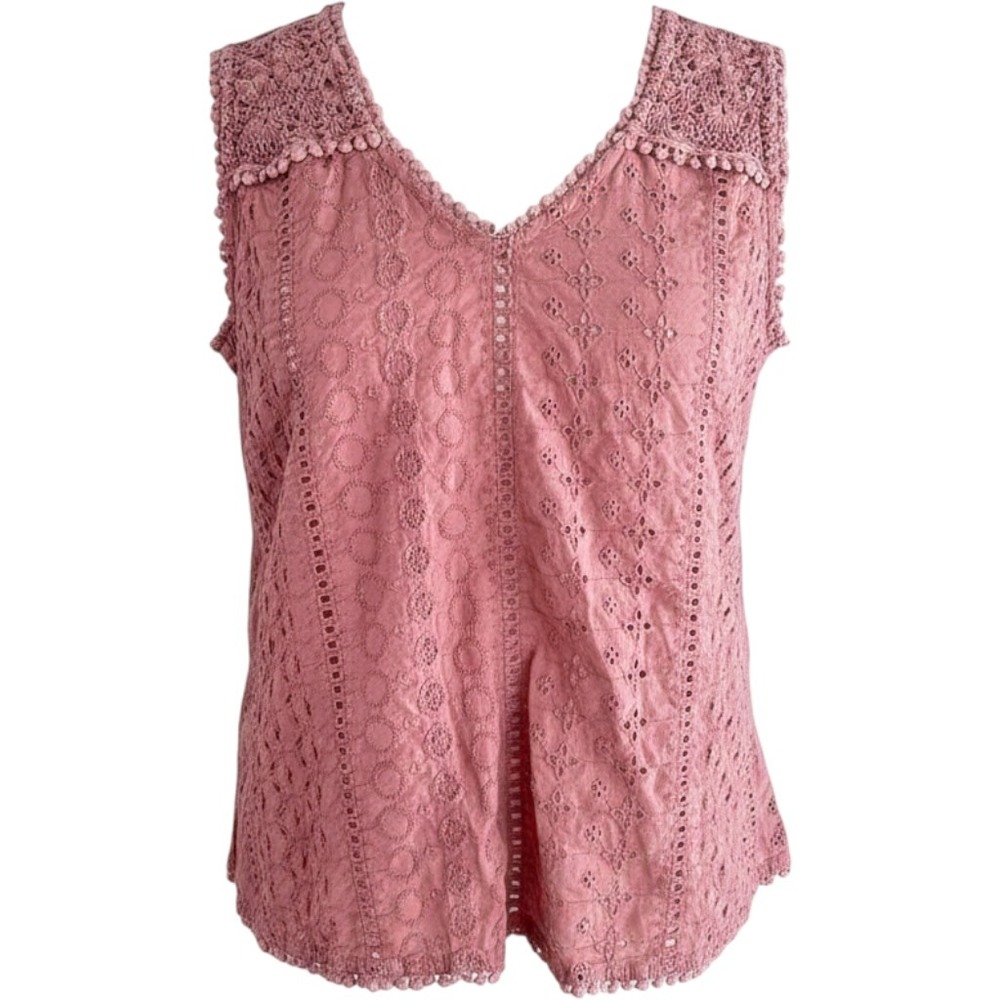 Joie Eyelet Sleeveless Top S Womens Crochet Trim V-Neck Dusty Rose Boho Summer